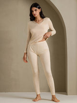 [Beige] SilkSilky-FI Long Sleeve V Neck Naisten Pitkät Alusvaatteet 006