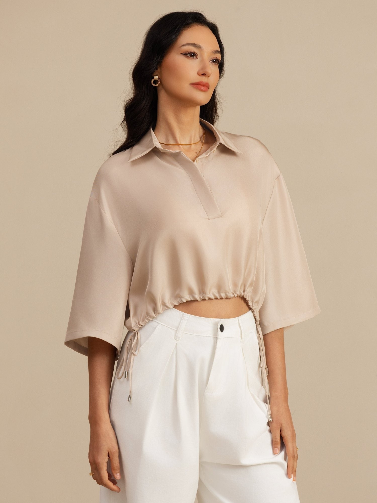 [Tan] SilkSilky-FI 18Momme Puolihiha Kauluskäänne Pusero 001