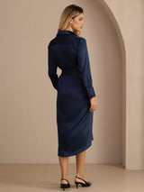 [Tummansininen] SilkSilky-FI Long Sleeve Lapel Collar Mekko 002