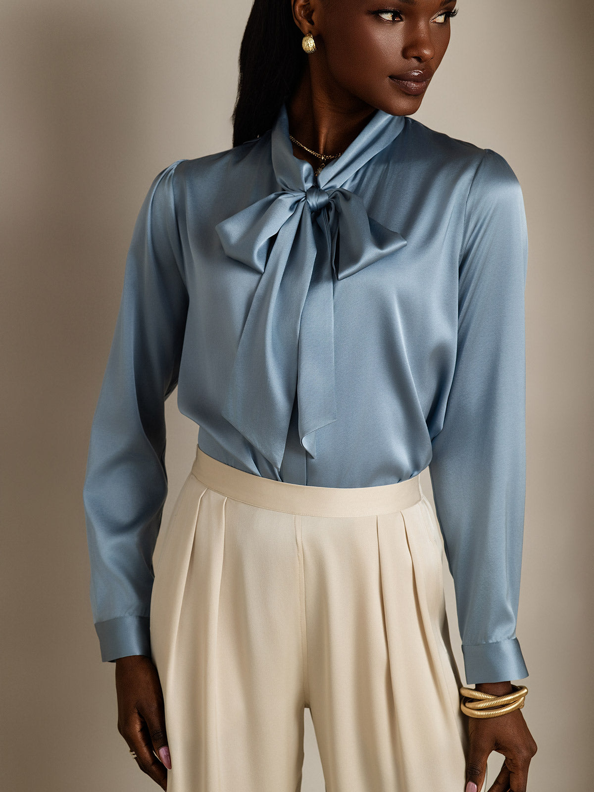 [Harmaansininen] SilkSilky-FI 19Momme Silk Long Sleeve Tie Neck Naisten paita 003