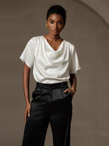 [Valkoinen] SilkSilky-FI Short Sleeve Cowl Neck Naisten Puserot 004