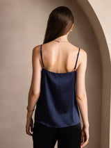 [Tummansininen] SilkSilky-FI 19Momme Spagettihihna Syvä Pyöreä Pääntie Camisole Top 002