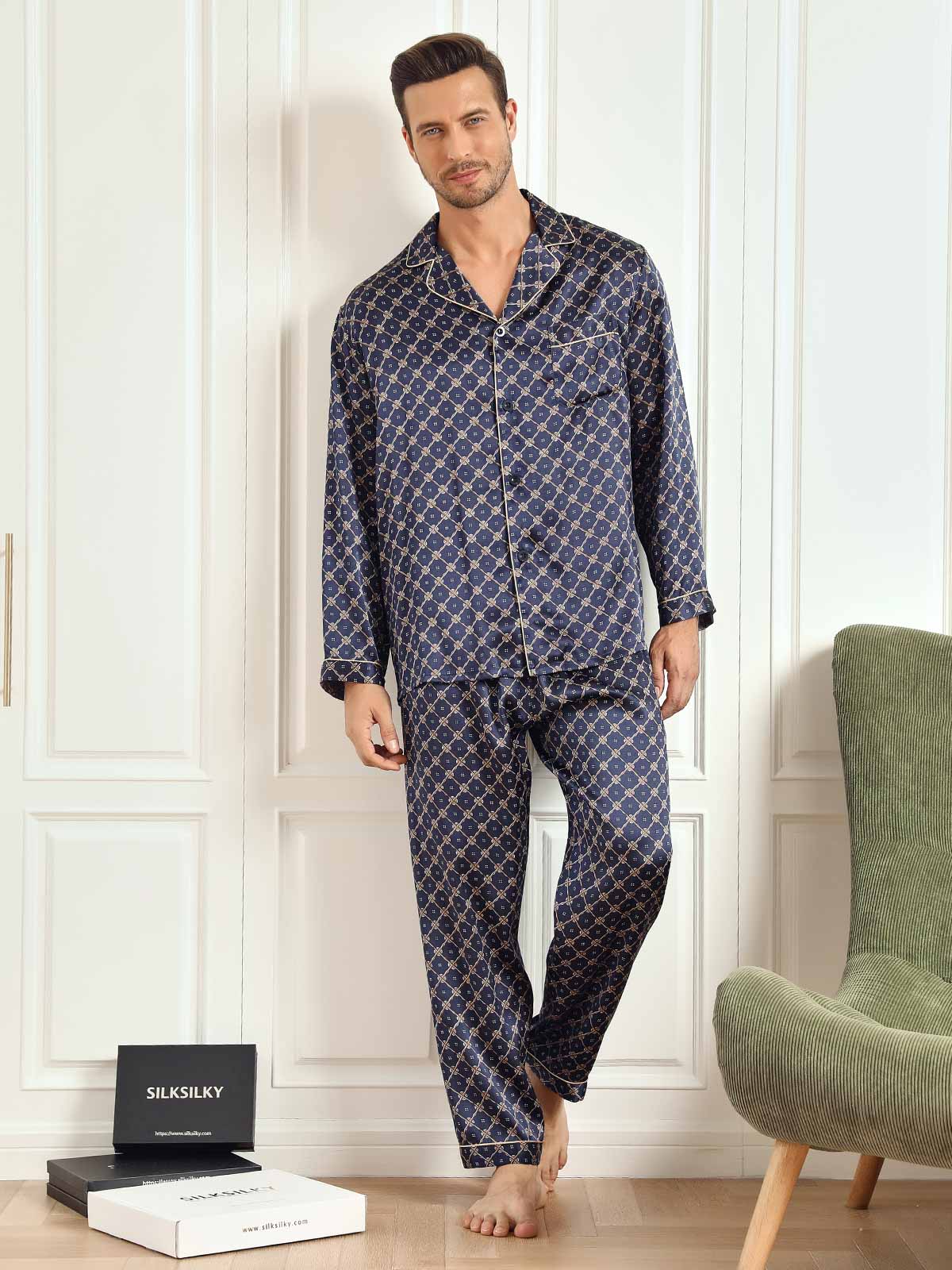 [Laivasto Ketju] SilkSilky-FI Long Sleeve Notkokaulus Miesten Pyjamat 002