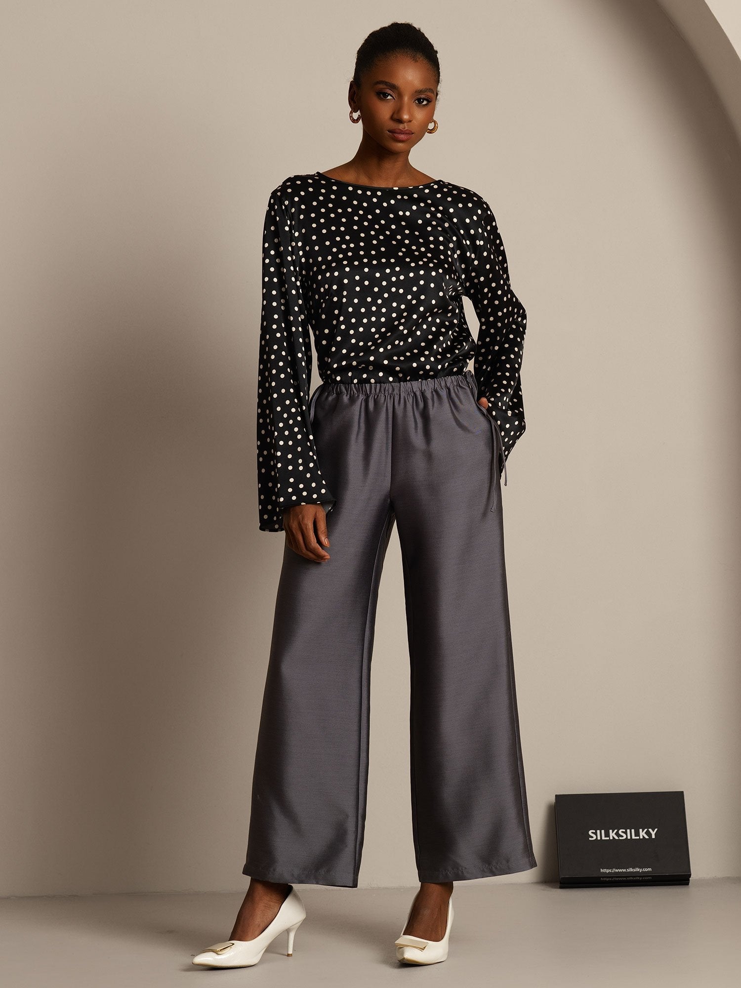 [Harmaa] SilkSilky-FI 32Momme Silk-Wool Blend Womens Pants 003,