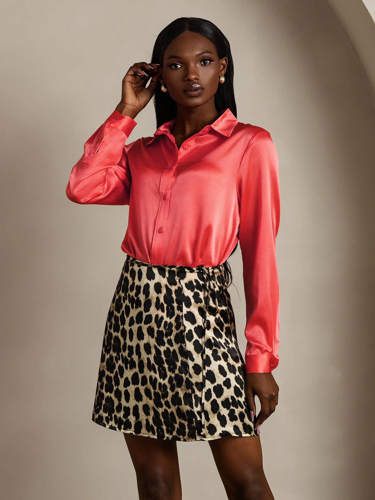 [Keisarillinen Punainen] SilkSilky-FI 19Momme Silk Long Sleeve Collar Naisten paita 005