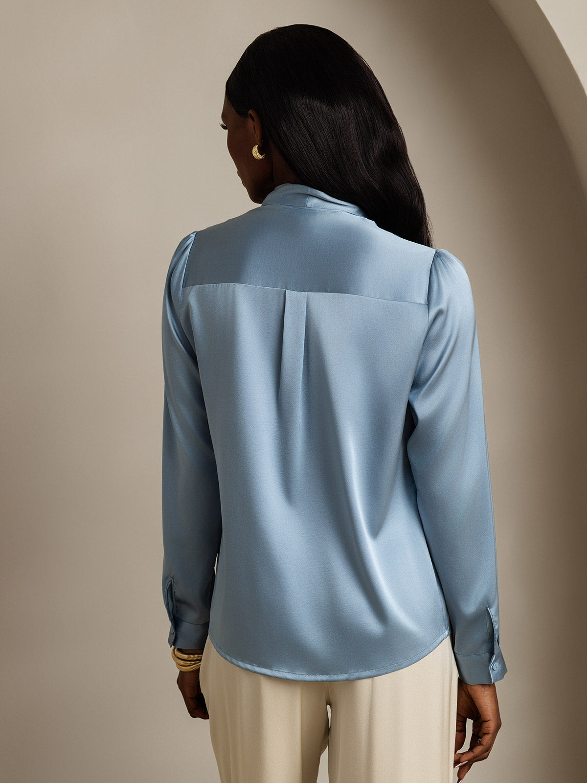 [Harmaansininen] SilkSilky-FI 19Momme Silk Long Sleeve Tie Neck Naisten paita 002