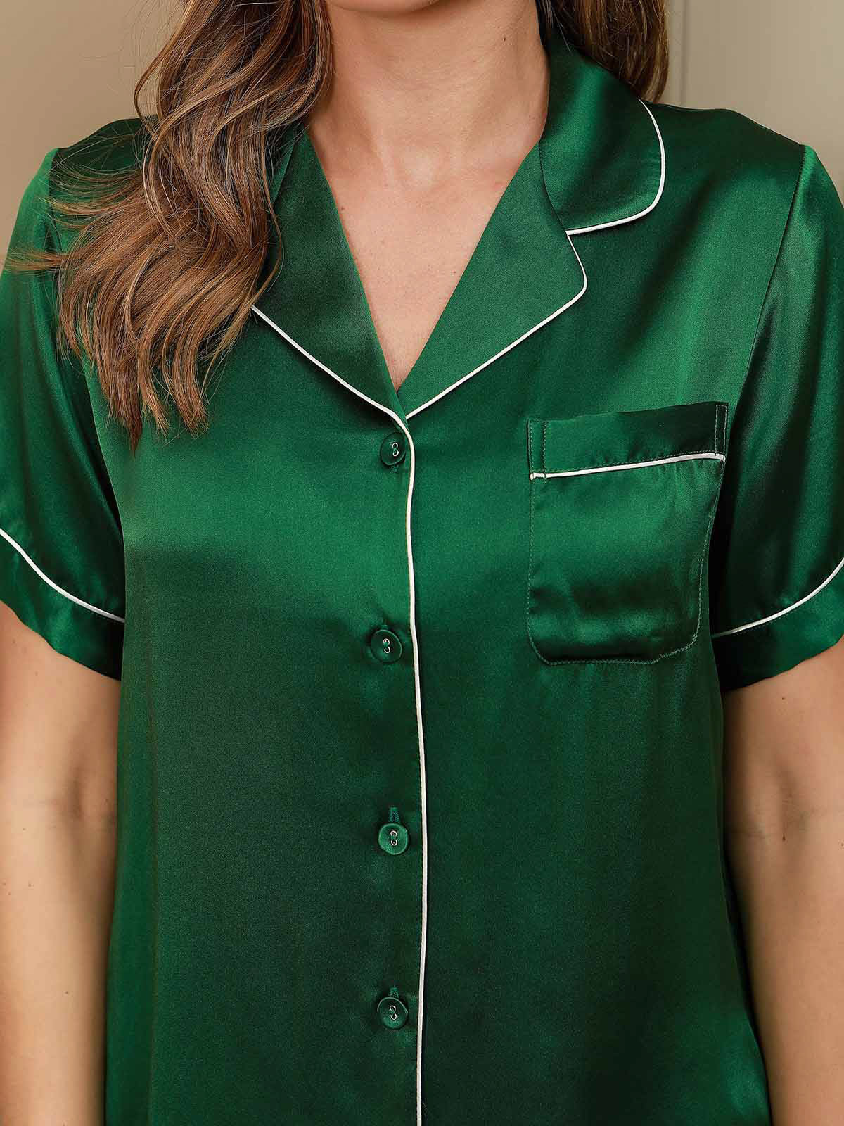 [Vihreä] SilkSilky-FI Pure Silk Short Sleeve Lapel Naisten Pyjamat 004