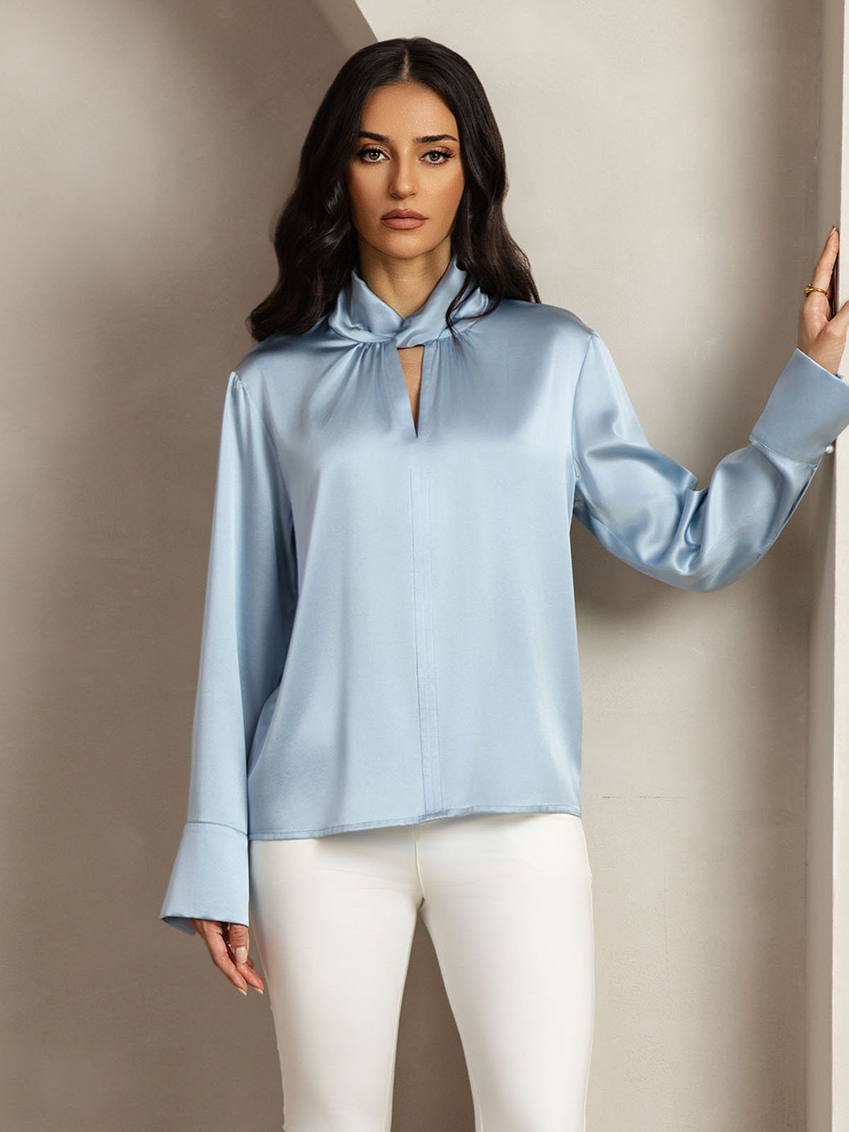 [Harmaansininen] SilkSilky-FI 19Momme Womens Shirt 009