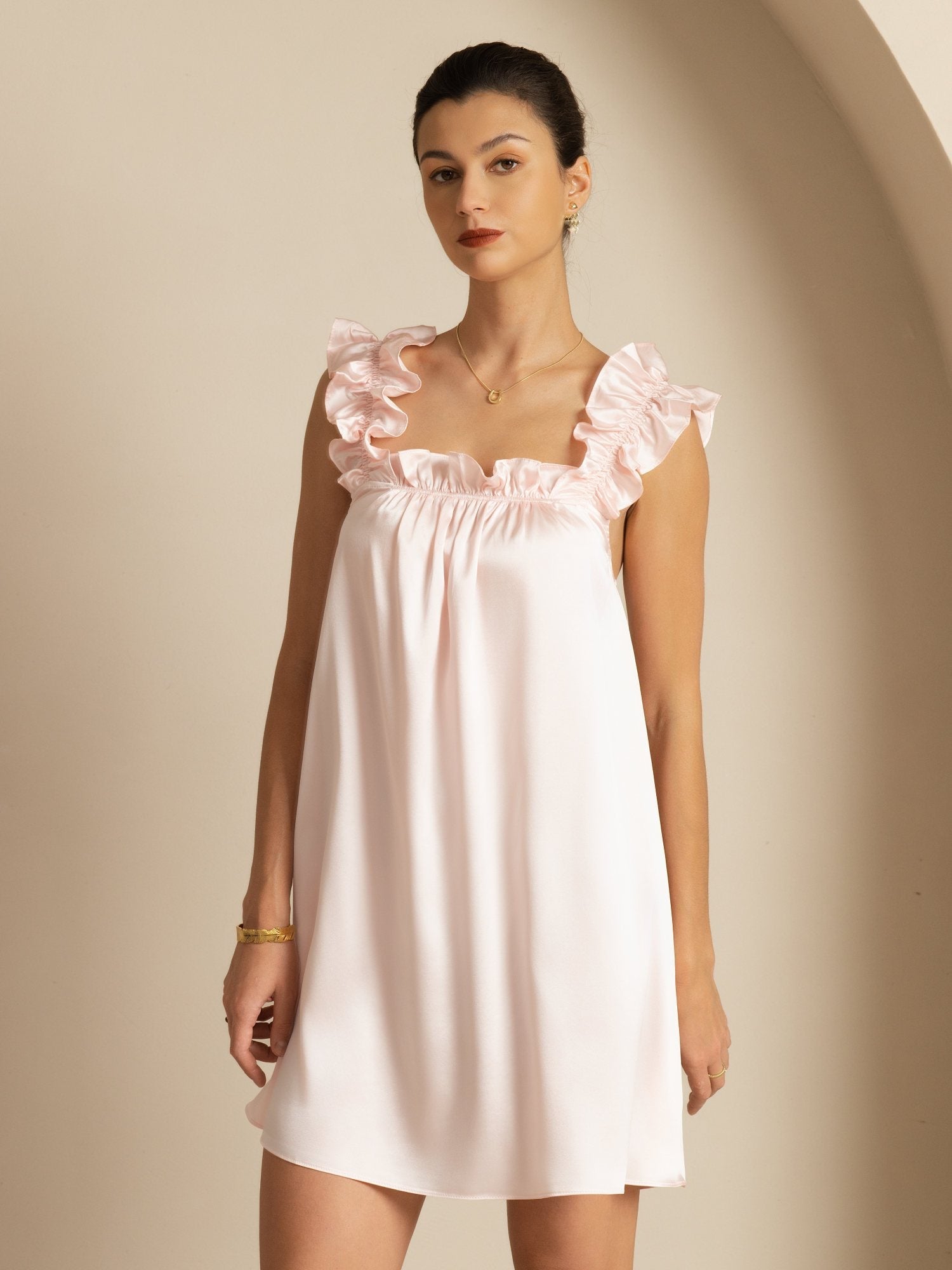 [Pinkki] SilkSilky-FI 19Momme Silkki Hihaton Neliskulmainen Kaulus Mekko 006