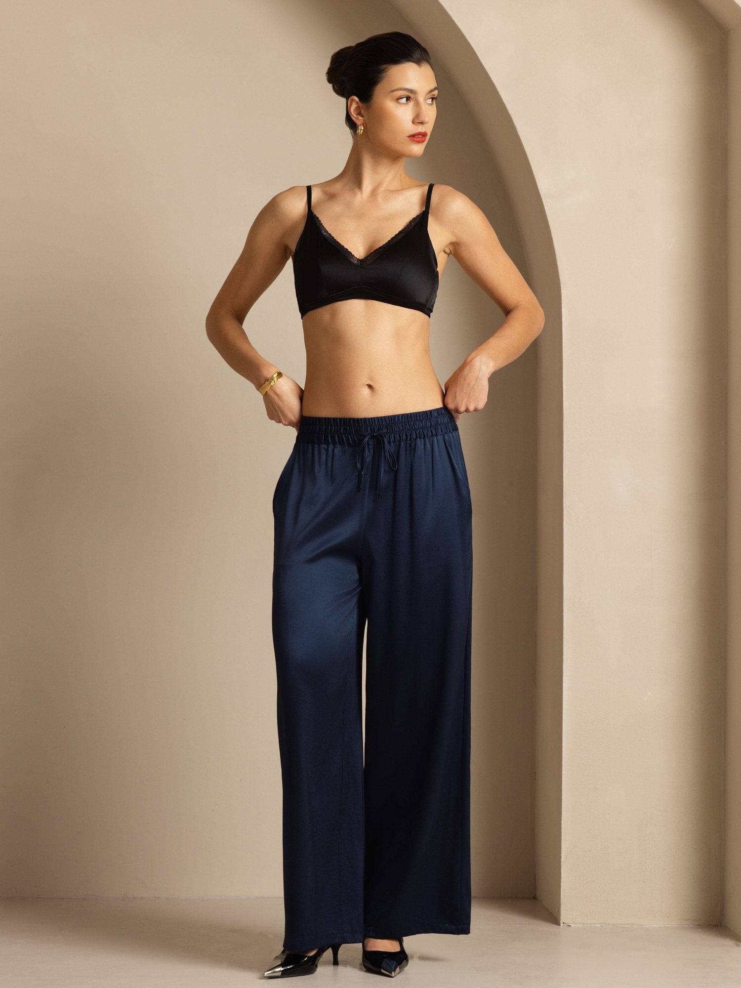 [Tummansininen] SilkSilky-FI 19Momme Womens Pants 008