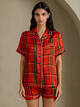 [Punainen Ruudullinen] SilkSilky-FI Short Sleeve Notch Collar Naisten Pyjamat 001