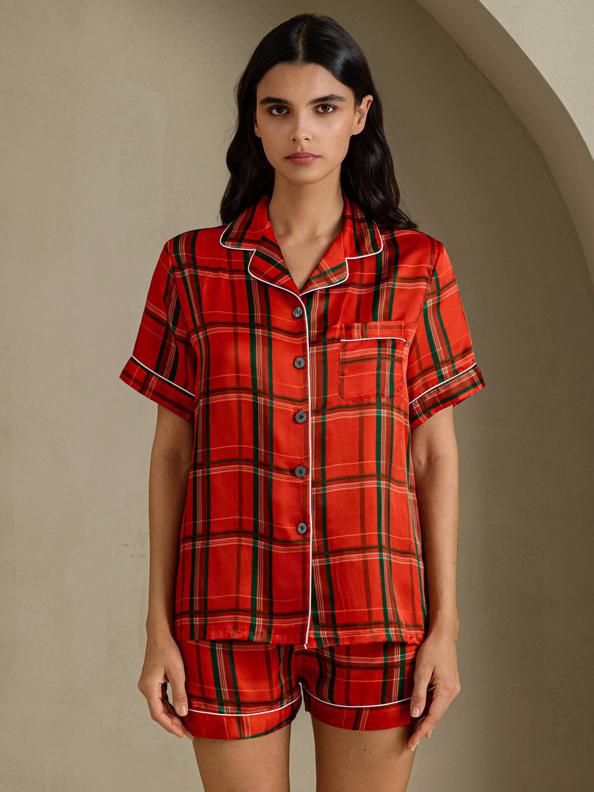 [Punainen Ruudullinen] SilkSilky-FI Short Sleeve Notch Collar Naisten Pyjamat 001