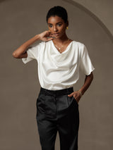 [Valkoinen] SilkSilky-FI Short Sleeve Cowl Neck Naisten Puserot 005