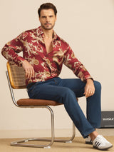 [Viininpunainen Lohikäärme] SilkSilky-FI Long Sleeve Lapel Collar Miesten Paita 007