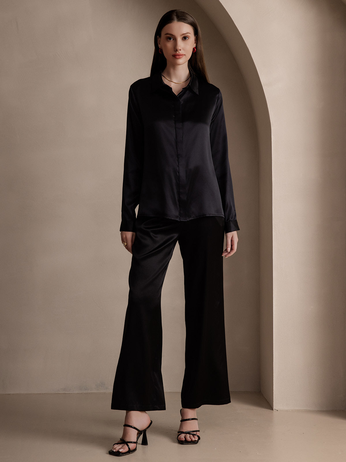 [Musta] SilkSilky-FI 19Momme Lapel Collar Naisten paita 006