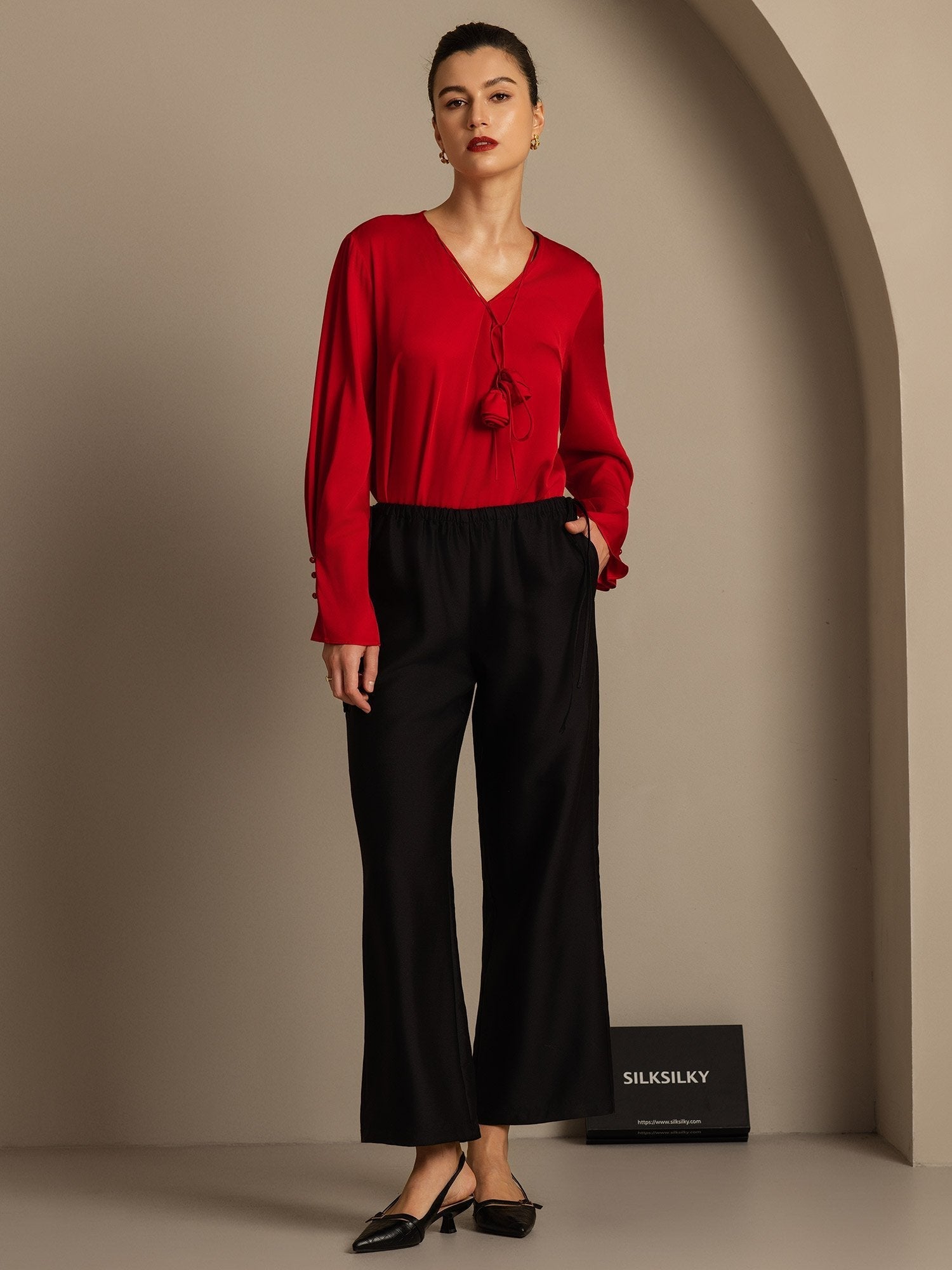 [Musta] SilkSilky-FI 32Momme Silk-Wool Blend Womens Pants 007,