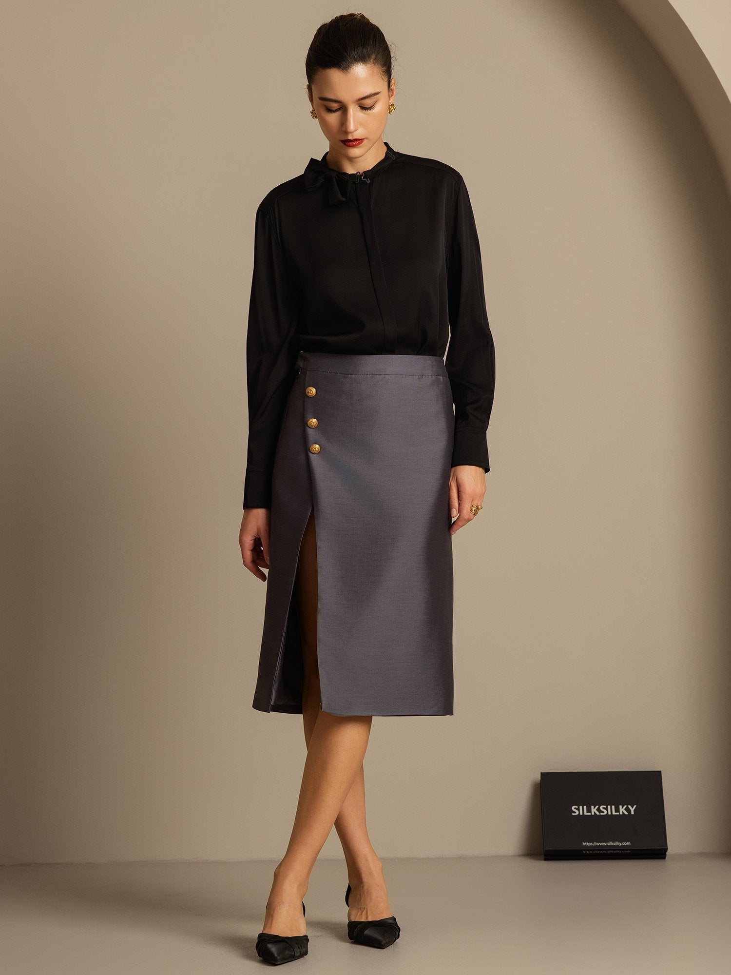 [Harmaa] SilkSilky-FI 32Momme Silk-Wool Blend Skirt 006,