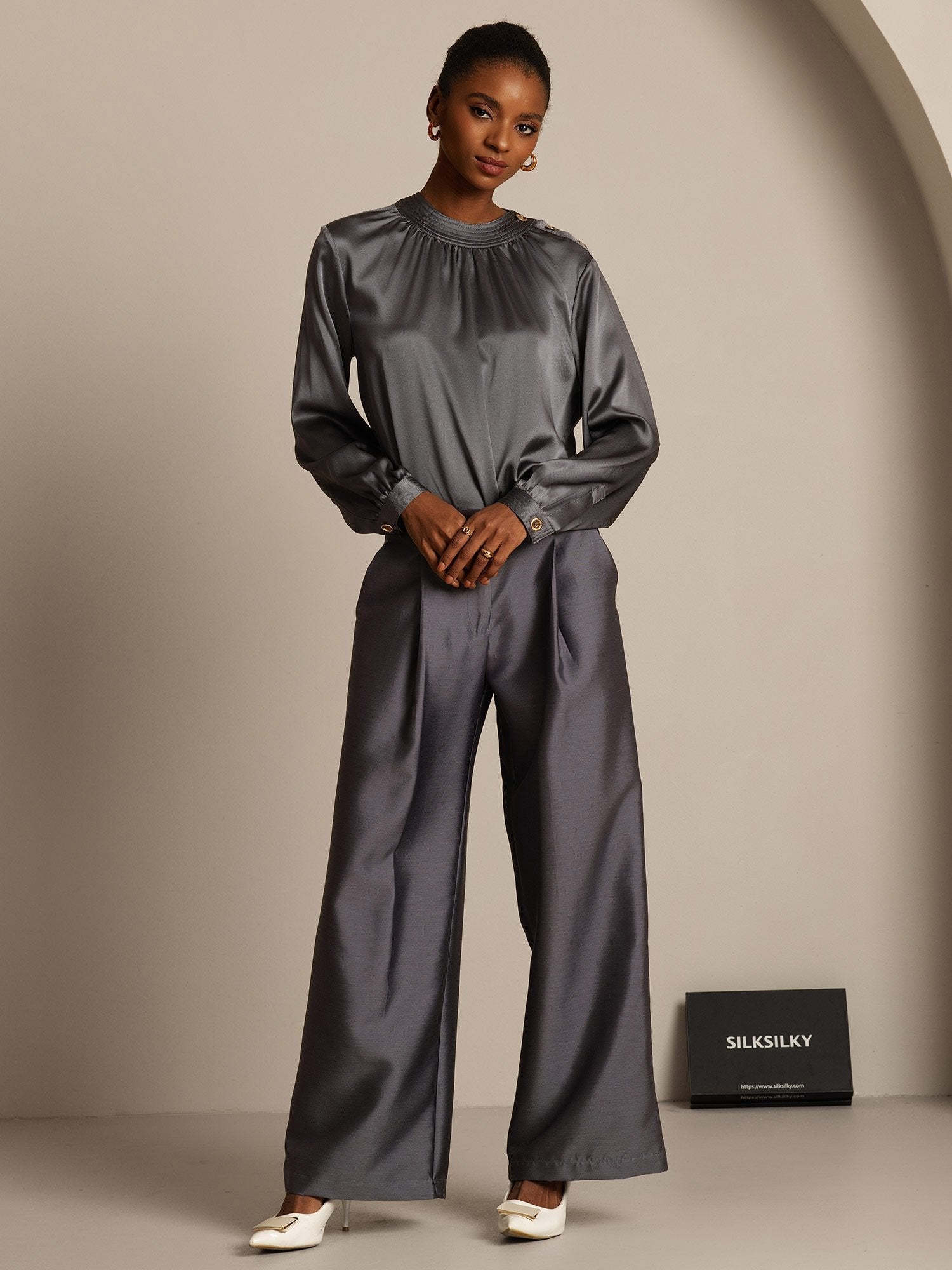 [Harmaa] SilkSilky-FI 32Momme Silk-Wool Blend Womens Pants 006,