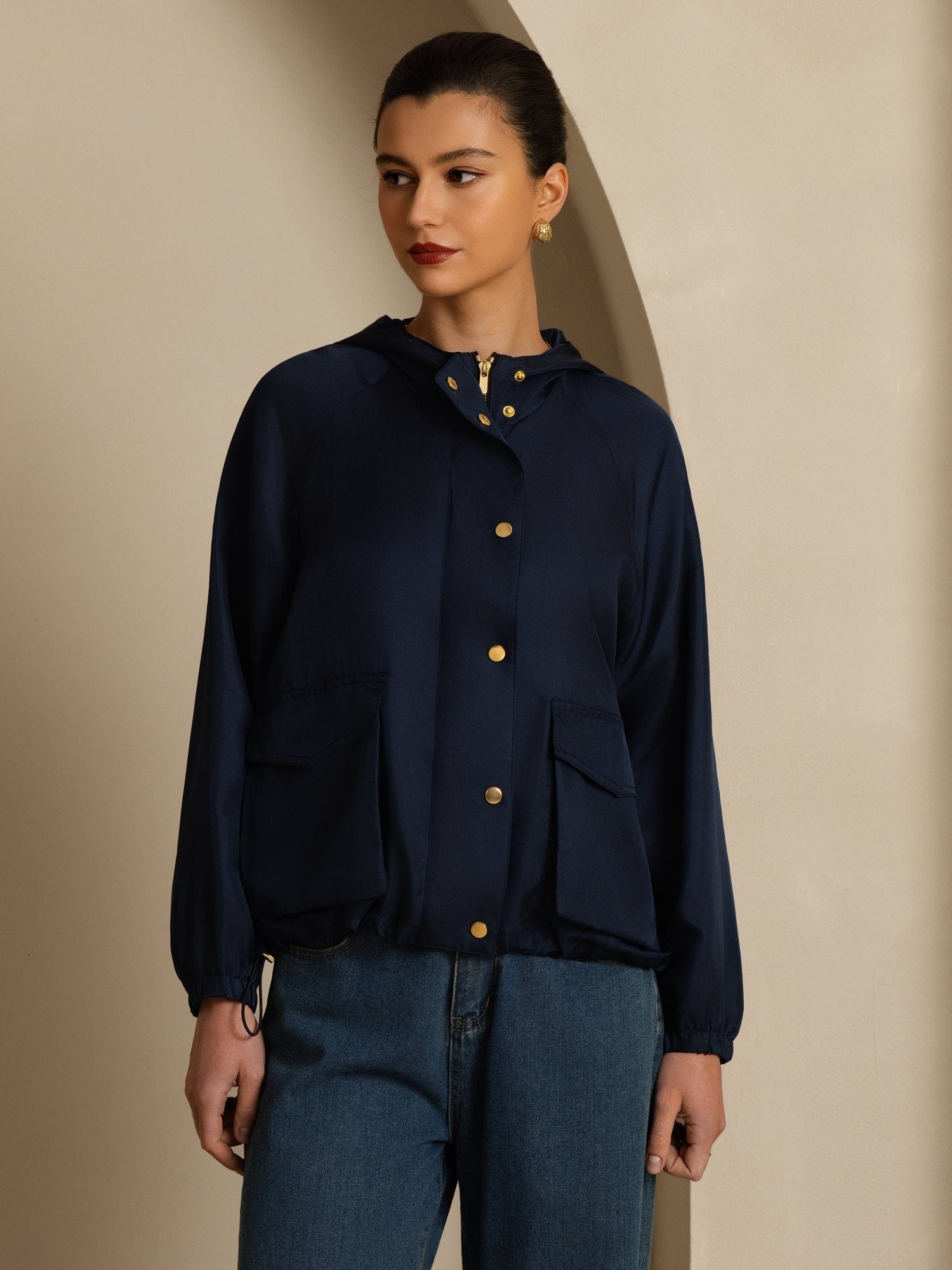 [Tummansininen] SilkSilky-FI Pitkähihainen Korkea Kaulus Naisten Päällysvaatteet 003