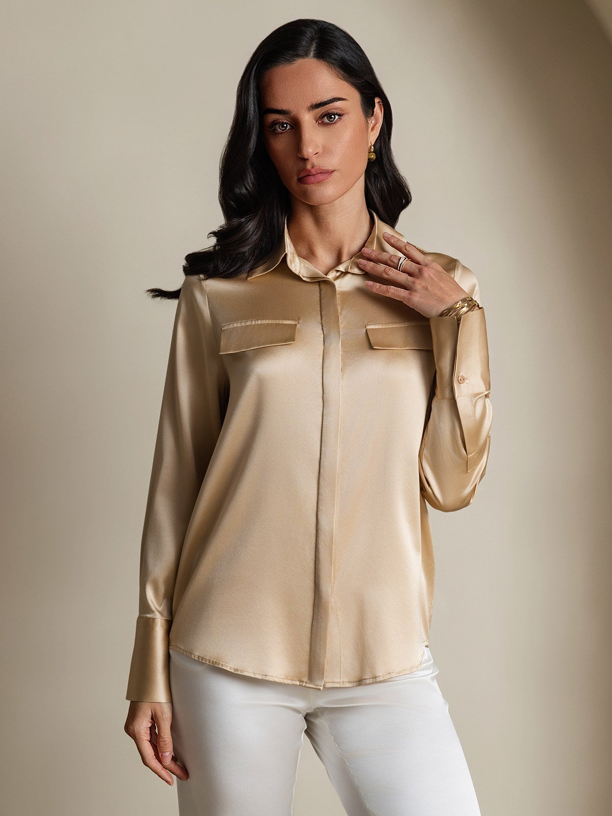SilkSilky-FI 19Momme Womens Shirt Samppanja 004