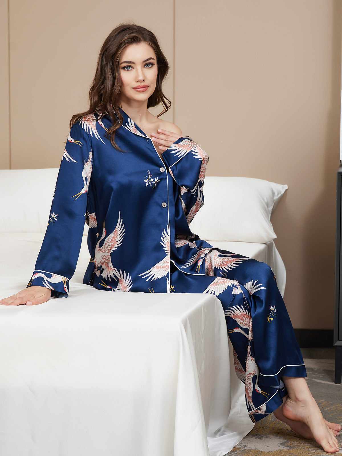 [Tummansininen] SilkSilky-FI 19Momme Pure Silk Long Sleeve Lapel Naisten Pyjamat 006