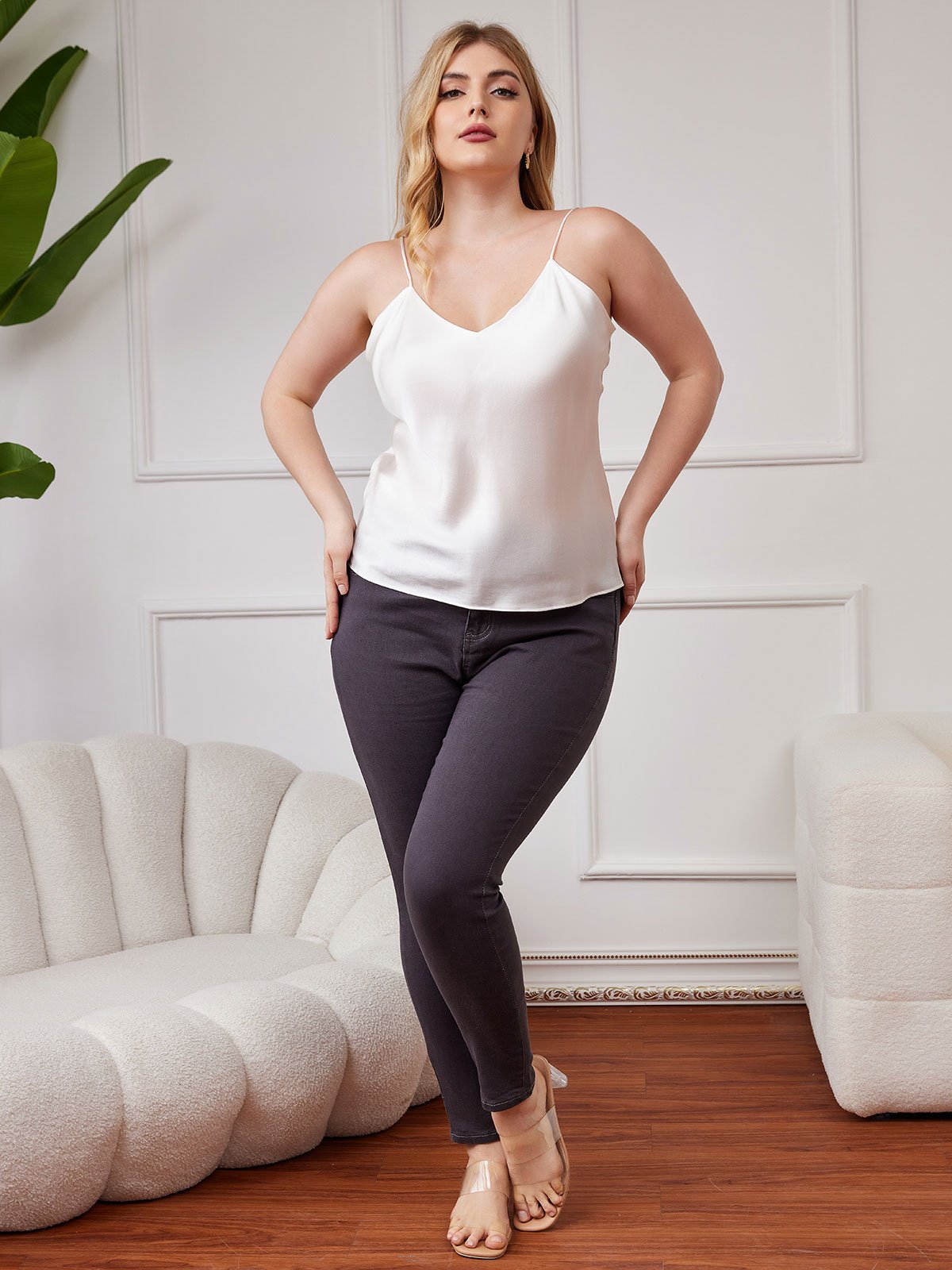 [Valkoinen] SilkSilky-FI Pure Silk Deep V Neck Plus-koon Camisole Top 005