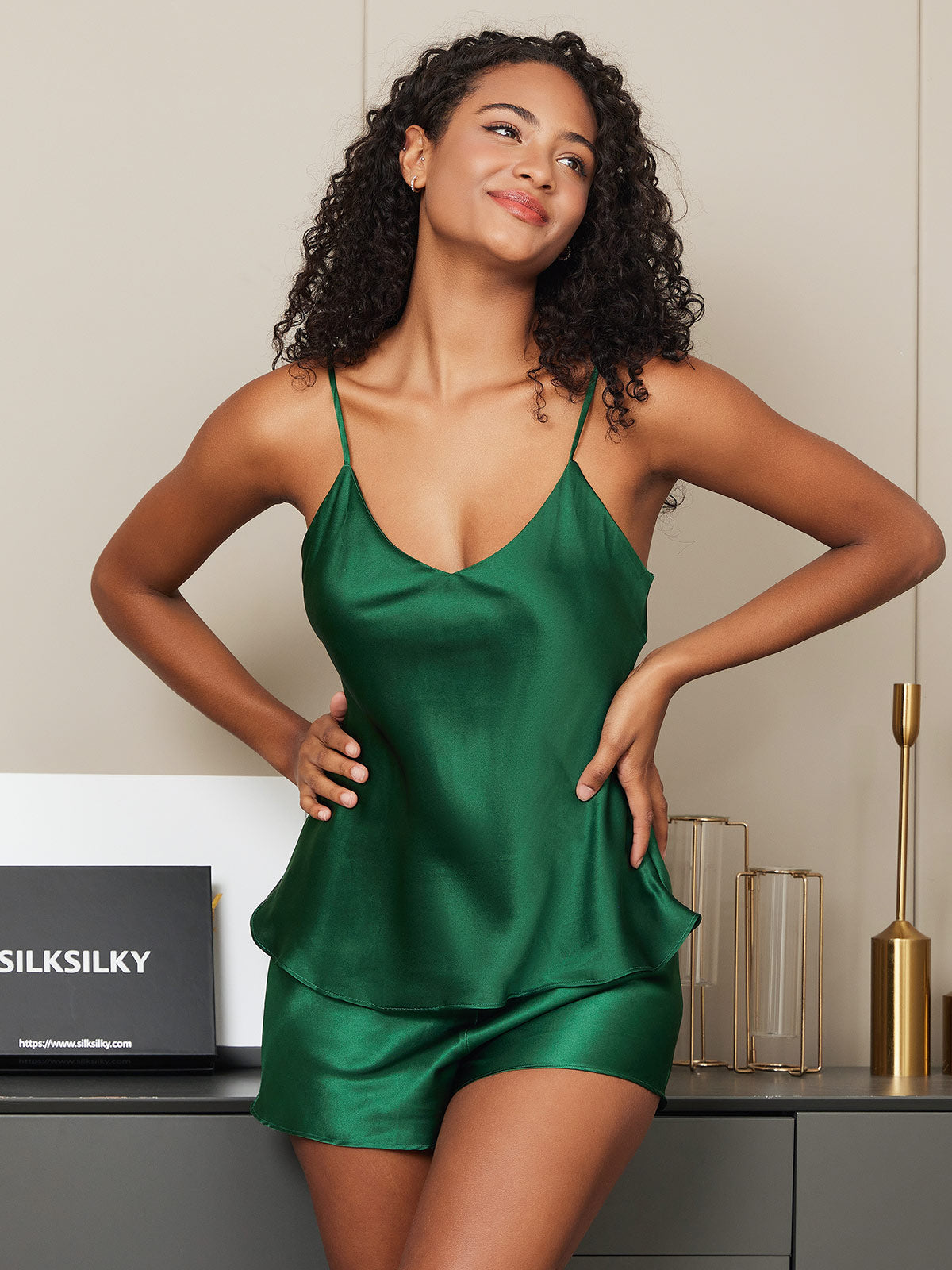 [Vihreä] SilkSilky-FI Spagettihihna V Pääntie Camisole Setti 002