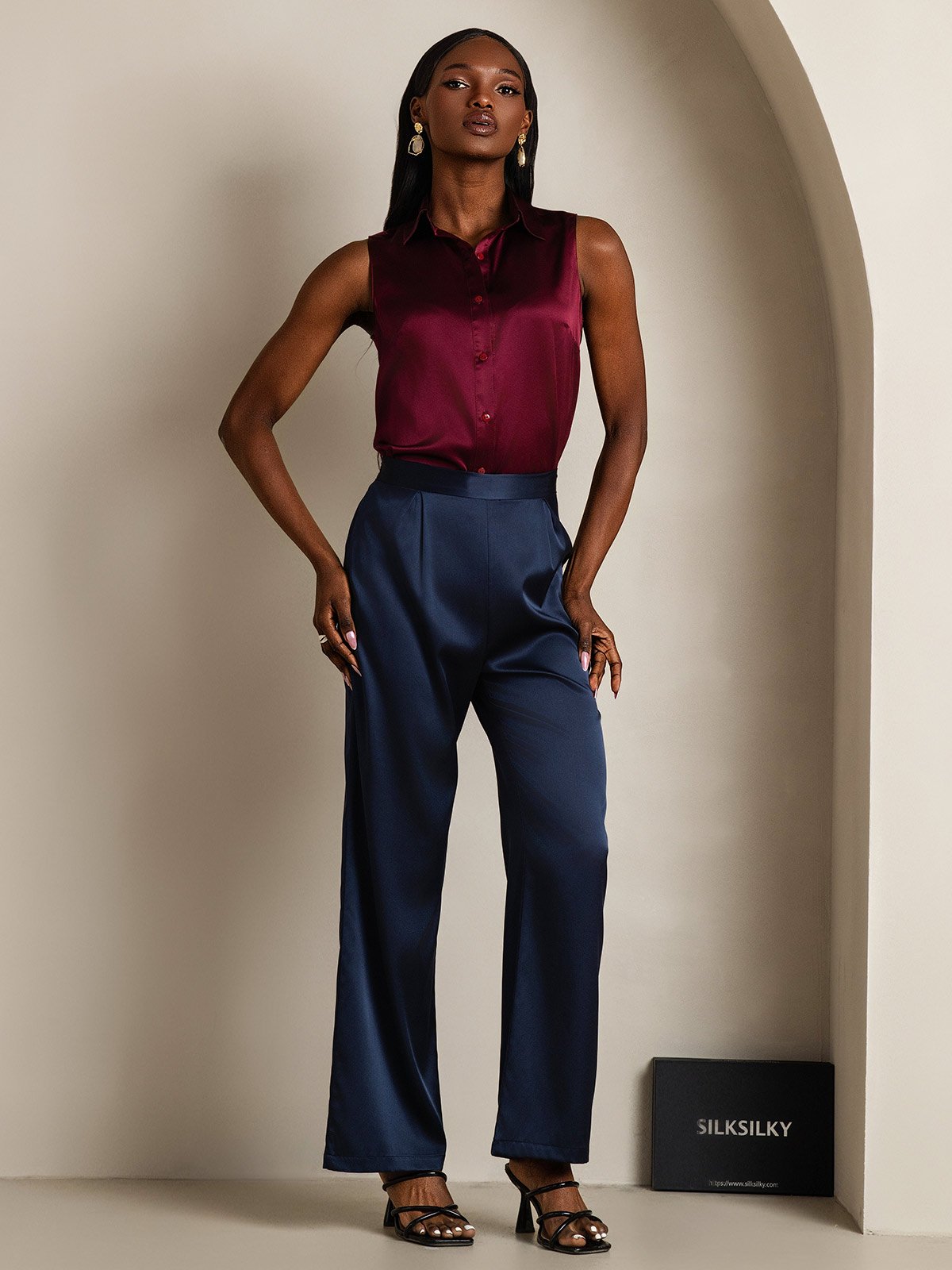 SilkSilky-FI 19Momme Womens Shirt Tummanpunainen 007