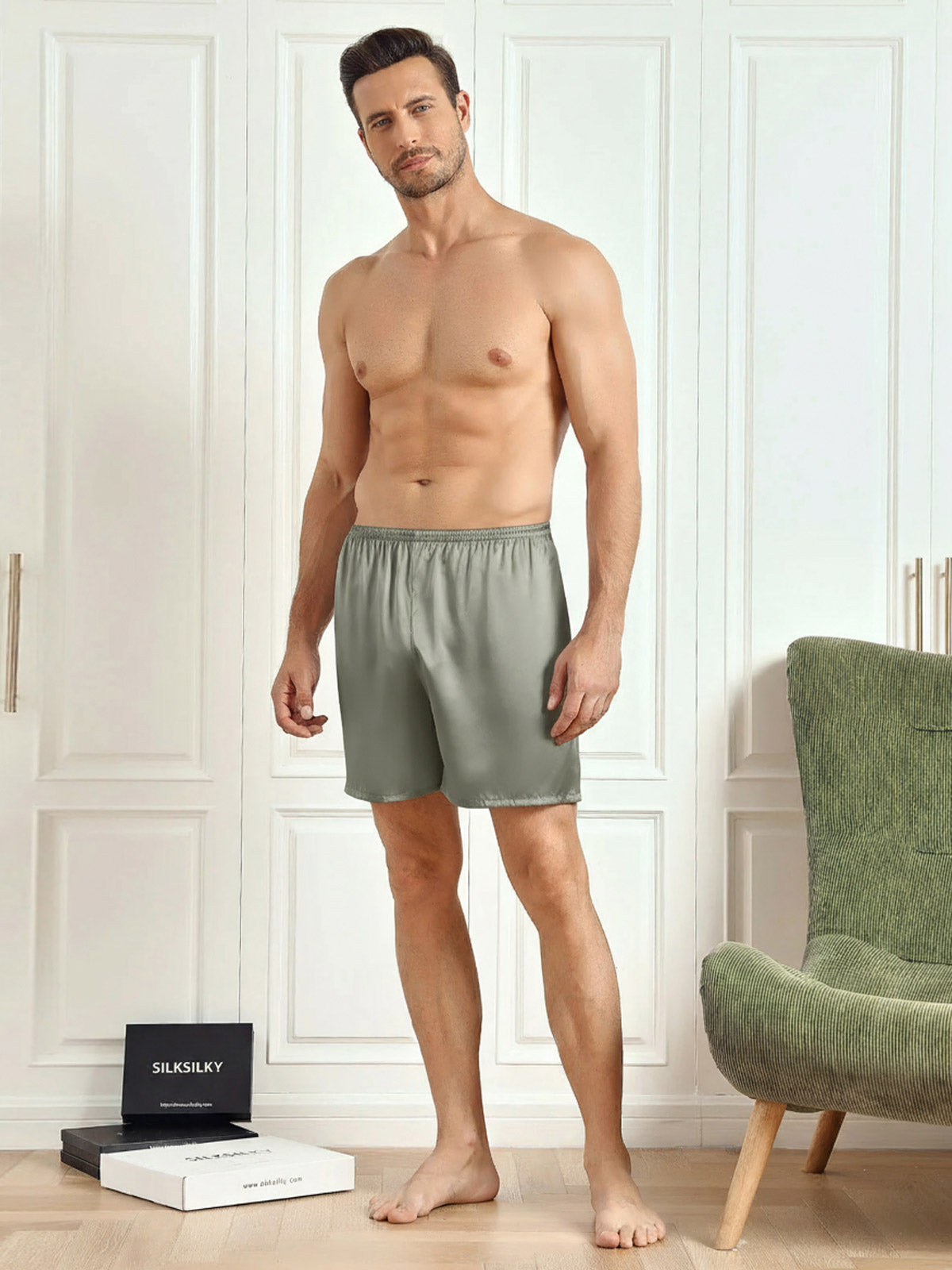 [Harmaanvihreä] SilkSilky-FI 19Momme Mens Sleep Bottoms 004