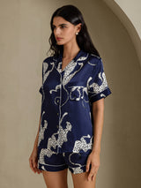 [Laivastonsininen Gepardi] SilkSilky-FI Short Sleeve Notch Collar Naisten Pyjamat 003