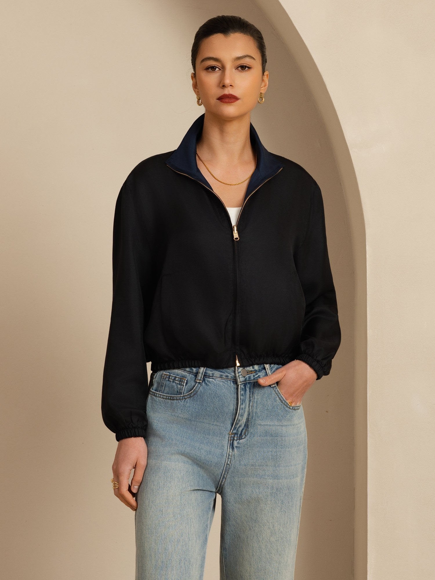 [Musta+Tummansininen] SilkSilky-FI 18Momme Pitkähihainen Pystykaulus Naisten Päällysvaatteet 005