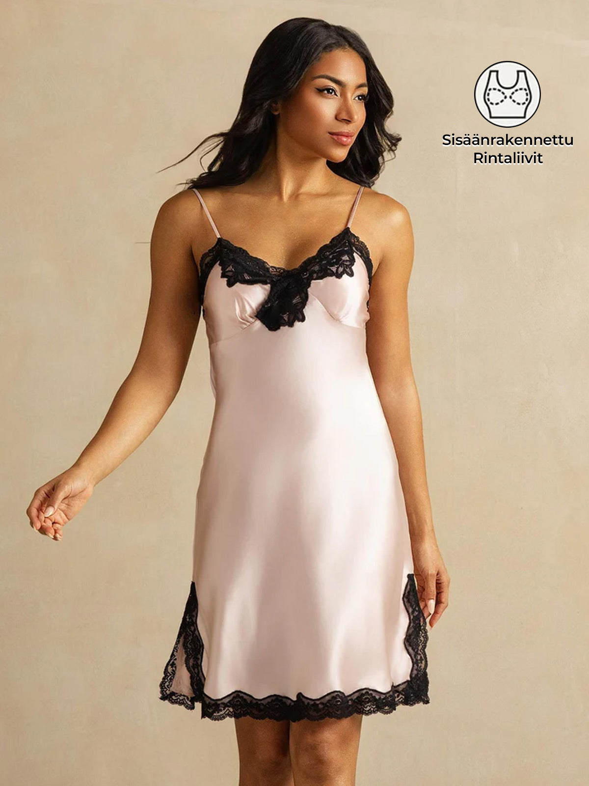 Pure Silk Spaghetti Strap Lyhyt Yöpuku Sisäänrakennetulla Rintaliivillä