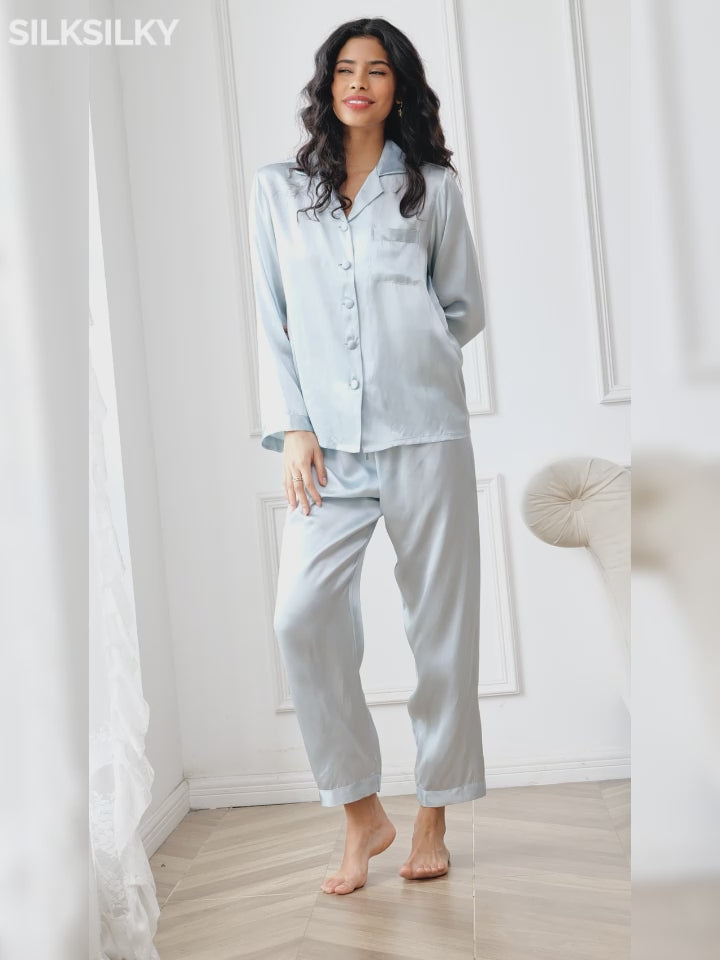 SilkSilky-FI Pure Silk Long Sleeve Lapel Naisten Pyjamat-video-001