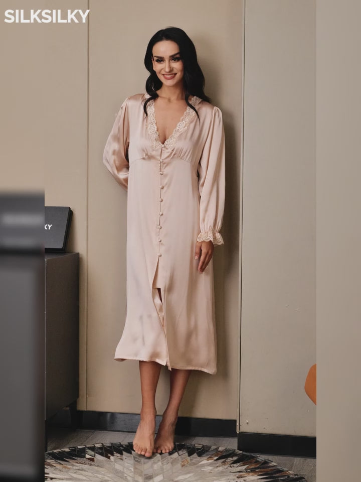 SilkSilky-FI Pure Silk Long Sleeve V Neck Yöpaita-video-001