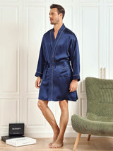 [Tummansininen] SilkSilky-FI Pure Silk 3/4 Sleeve Mens Robe 003