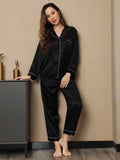 SilkSilky FI Pure Silk Long Sleeve Lapel Naisten Pyjamat Musta 004