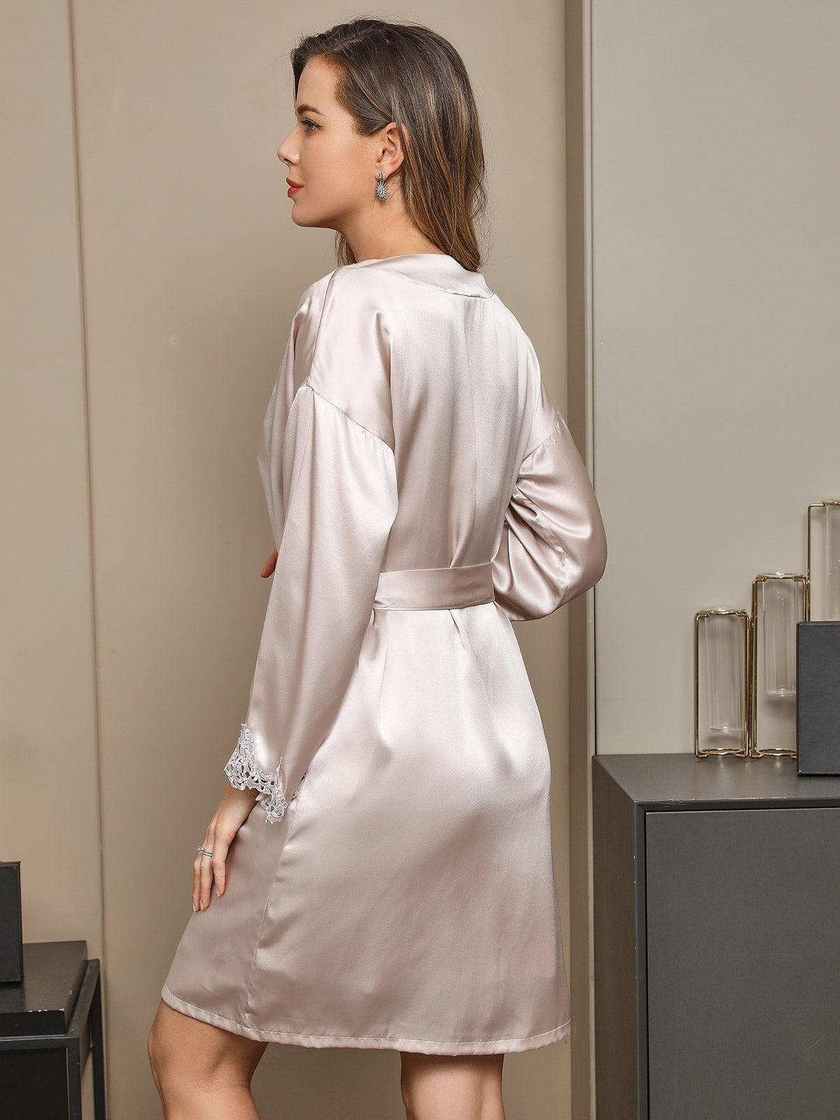 [Beige] SilkSilky-FI Pure Silk Long Sleeve Nightgown&Robe Set 003