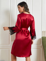 [Tummanpunainen] SilkSilky-FI Pure Silk 3/4 Sleeve Womens Robe 002