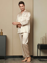 [Tan] SilkSilky-FI Pure Silk Long Sleeve Lapel Miesten Pyjamat 002