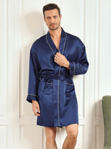 [Tummansininen] SilkSilky-FI Pure Silk 3/4 Sleeve Mens Robe 001