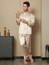 [Tan] SilkSilky-FI Pure Silk Long Sleeve Lapel Miesten Pyjamat 006
