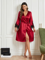 [Tummanpunainen] SilkSilky-FI Pure Silk 3/4 Sleeve Womens Robe 005