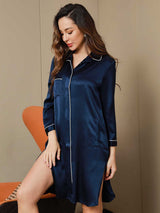 [Tummansininen] SilkSilky-FI Pure Silk 3/4 Sleeve Lapel Unipaita 008
