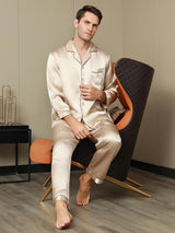 [Tan] SilkSilky-FI Pure Silk Long Sleeve Lapel Miesten Pyjamat 001