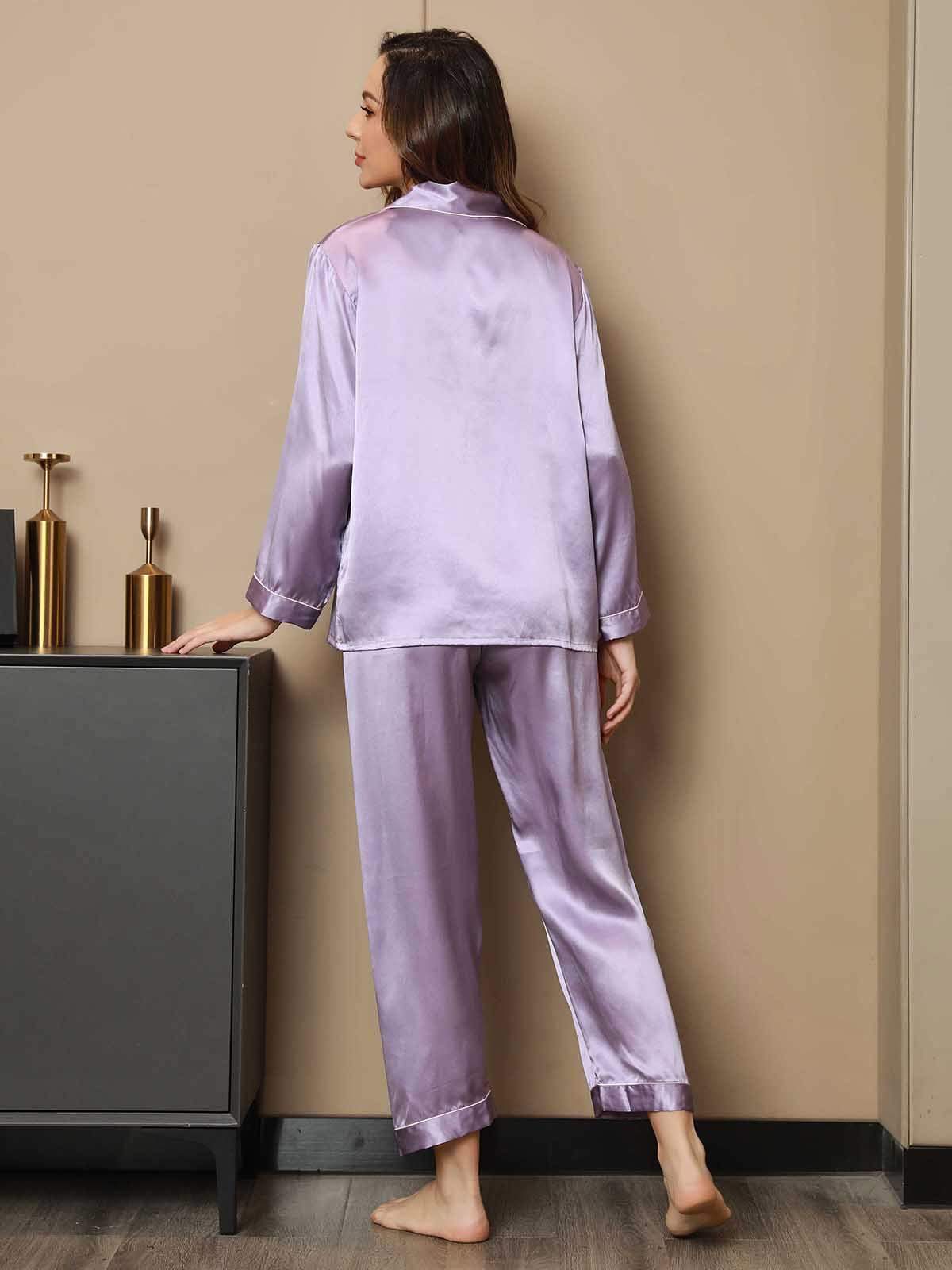 SilkSilky FI Pure Silk Long Sleeve Lapel Naisten Pyjamat Laventeli 002