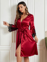 [Tummanpunainen] SilkSilky-FI Pure Silk 3/4 Sleeve Womens Robe 004