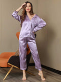 SilkSilky FI Pure Silk Long Sleeve Lapel Naisten Pyjamat Laventeli 006