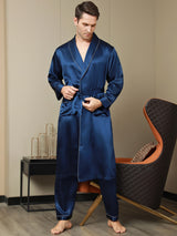 [Tummansininen] SilkSilky-FI Pure Silk Long Sleeve Lapel Miesten Aamutakki 006