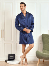 [Tummansininen] SilkSilky-FI Pure Silk 3/4 Sleeve Mens Robe 005