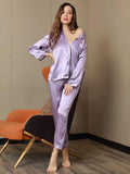 SilkSilky FI Pure Silk Long Sleeve Lapel Naisten Pyjamat Laventeli 005